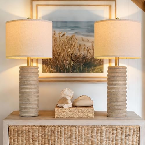 27-Inch Farmhouse Ceramic Table Lamps Set of 2 - Antique Beige, Stone-Like Finish