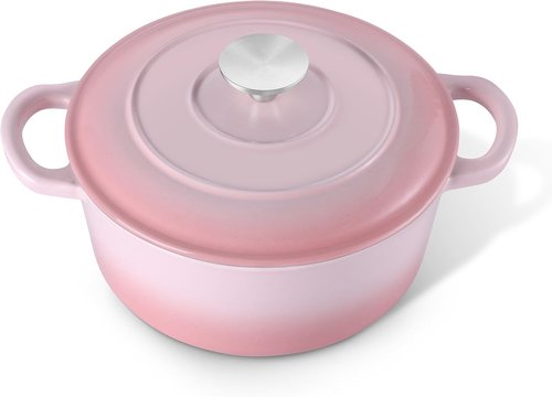 E-far 3 Qt Enameled Cast Iron Dutch Oven - Heavy Duty Nonstick Pot for Baking & Roasting - Pink