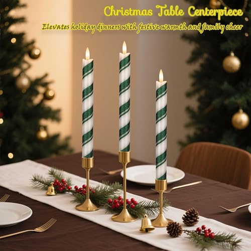 JOIONE Flameless Candles with Remote - 3 Pack Christmas Green Stripe Taper Candles