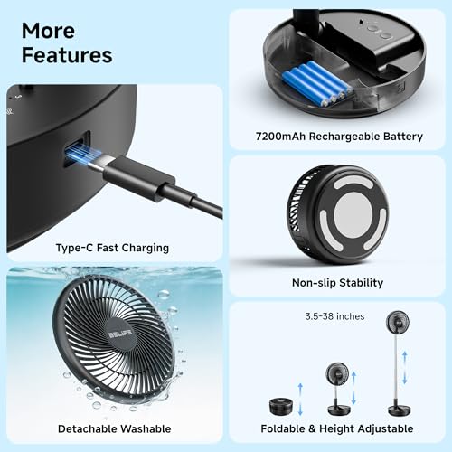 Belife X8 Portable Oscillating Camping Fan - Black, Rechargeable, Remote Control