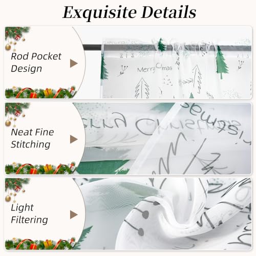 Youleyar Christmas Tree Print Sheer Curtains 72in L, Pack of 2, Green