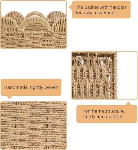 Set of 4 Scalloped Wicker Storage Cubes - 13x13x13in Khaki, Heavy Duty Paper Rope Baskets for Shelves, Bathroom, Bedroom, Laundry, Pantry