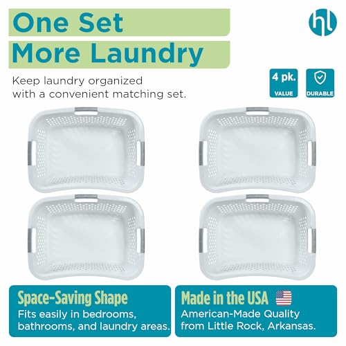 Home Logic 1.5 Bushel Plastic Laundry Basket 4 Pack - Ventilated Collapsible Hamper with Handles for Bedroom Bathroom Closet