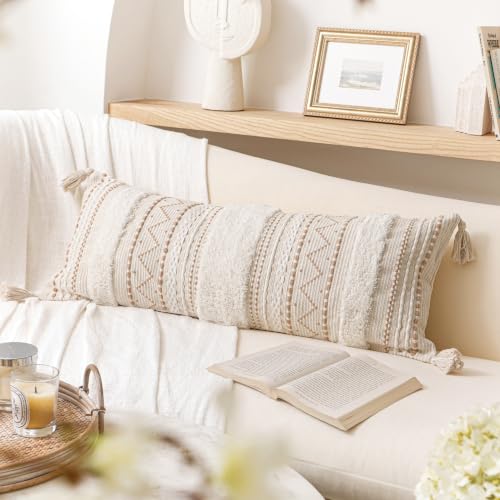 Beige 36x14 Lumbar Pillow Cover for Bed, Rectangular Decorative Throw Cushion - Boho Tufted Tassels (Pack of 1)