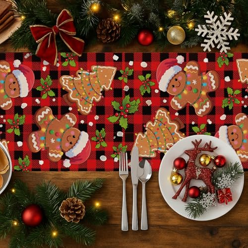 Gingerbread Man Table Runner 13 x 108 Inch - Christmas Plaid Kitchen & Dining Decor