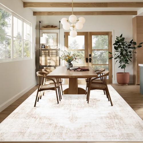 MXSANYOO 8x10 Beige Vintage Washable Rug - Large Non-Slip Low Pile Living Room Carpet