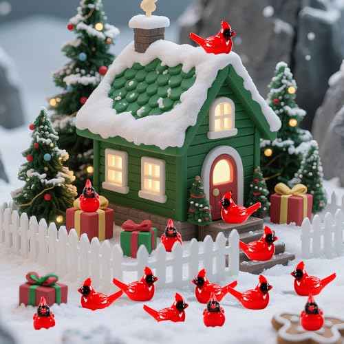 80Pcs Mini Resin Red Cardinal Bird Figurines Tiny Cardinal Figurine Christmas Ornaments for Gift Xmas Miniature Garden Crafts Cake Topper Home Decor Tree Ornaments