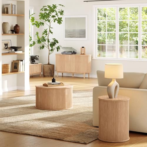 Oak Round End Table with Fluted Panel and Sliding Door - Mid Century Modern Boho Nightstand