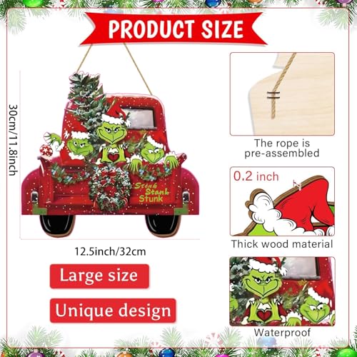 Bpwasxda Christmas Door Sign Green Truck Wreath, Wooden Wall Hanging, Front Door Decor 12.6 x 11.8 in