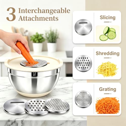 21-Piece Khaki Mixing Bowls Set with Lids, Non-Slip Base & Graters - Nesting Stainless Steel Kitchen Bowls