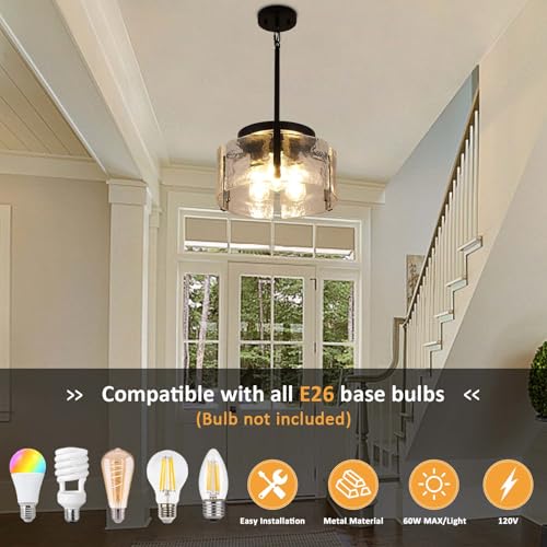 3-Light Black Modern Farmhouse Chandelier for Dining Room & Entryway - Adjustable Glass Pendant Lights