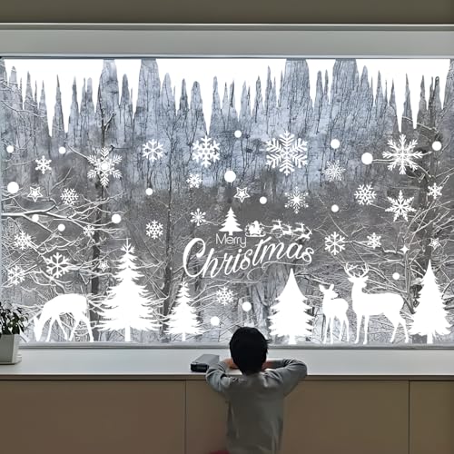 9 Sheet Christmas Window Clings, Xmas Double-Sided Snowy Winter Window Stickers, Holiday Snowflake Forest Decals for Party Home Window Decorations