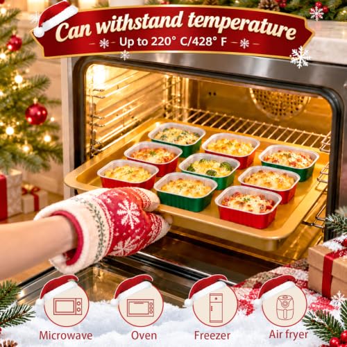DeziWood 200-Pack 10 oz Christmas Mini Aluminum Cake Pans with Lids, Spoons & Red Green Variation