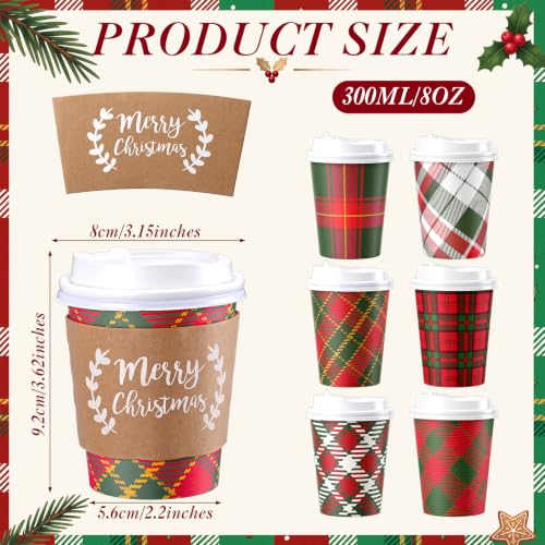 Mimorou 180Pcs 8oz Christmas Plaid Coffee Cups with Lids & Sleeves - Red Green