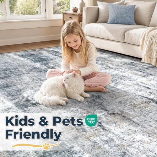 6x9 Washable Area Rug - Abstract Neutral Non Slip Indoor Carpet for Dining & Bedroom - Multi Blue