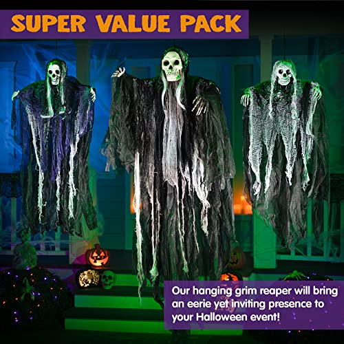 3-Pack Hanging Grim Reaper Skeleton Halloween Decorations - 31.5”, 53”, 31.5” | Outdoor Horror Props