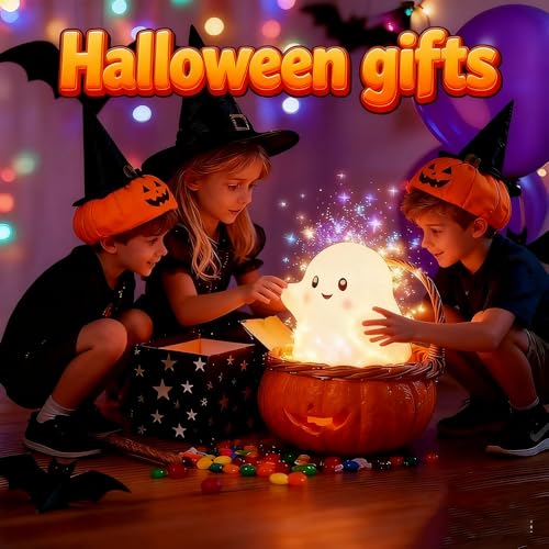 Ghost Night Light for Kids, Silicone Nursery Nightlight with 13 Interactive Sound Effects ,Halloween Decor Lamp Adjustable Dimmable Lamp with Touch Sensor Children's Christmas Gifts (white ghost 1)