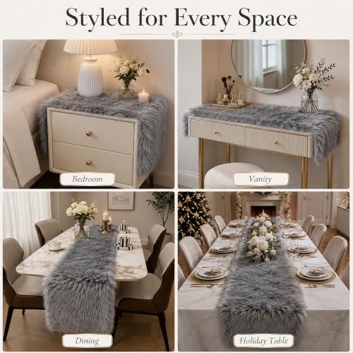 Gray Faux Fur Table Runner Winter Holiday Decor 11.8 x 70.8 Inch