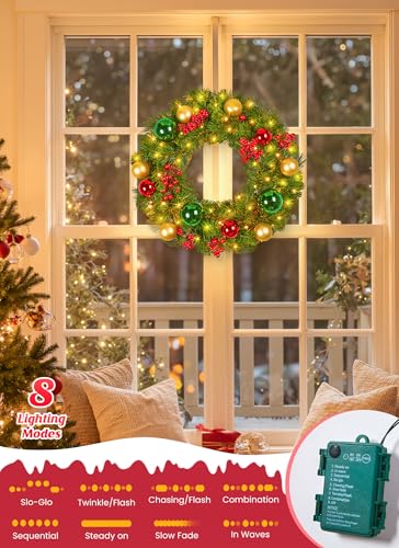 Minetom 24 Inch Pre-Lit Christmas Wreath with 50 LED Warm Lights for Front Door Decor