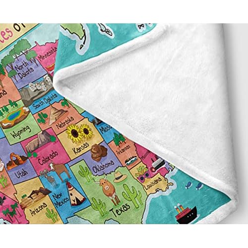 Kids USA Throw Blanket, Fun Facts Geography Camping Blankets and Throws for Bed, Animal Map Fleece Flannel Blanket for Sofa Couch Girls Boys Children Room Decor,50X60in