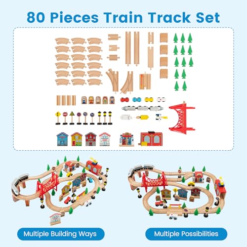 Costzon Wooden Train Table for Kids 32.5 x 23.5 x 16 Inches with 80-Piece Playset, Reversible & Detachable Surface, Multi-Color