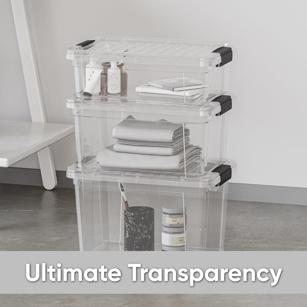 Superio Clear Storage Box with Lid, 14.7 Quart Plastic Container Bins for Organizing, Stackable Crates, BPA Free, Non Toxic, Odor Free, Organizers for Home, Office, School, and Dorm