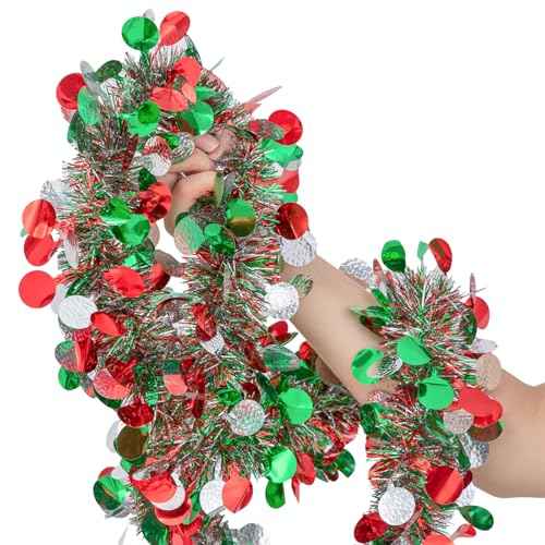 20FT/6M Christmas Tinsel Garland, Red Green Silver Metallic Twist Foil Tinsel Garland Shiny Christmas Hanging Decoration for Xmas Tree Decoration Wedding Party Supplies