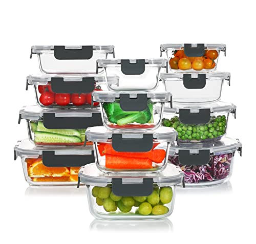 KOMUEE 12-Pack Gray Glass Food Storage Containers Set - BPA-Free, Oven & Microwave Safe