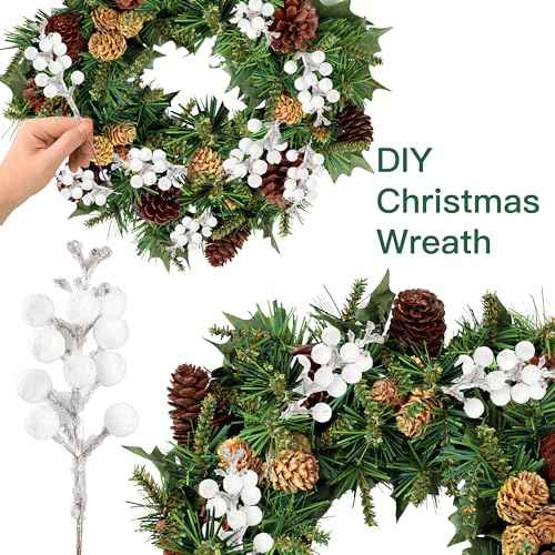 Sggvecsy 30Pcs Christmas Glitter Berries Stems Artificial Red Berry Branches Holly Picks Stems Christmas Tree Ornaments for DIY Xmas Wreath Crafts Gifts Holiday Home Decor (White)