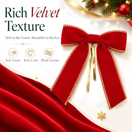 Ironraw 24 Pcs Red Velvet Christmas Bows with Gold Trim, 6x6.5 Inch Holiday Decor Set