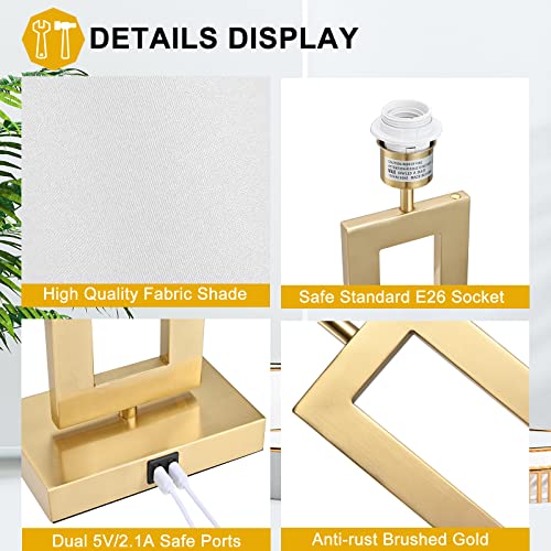 BrightWe 22-Inch Gold & White Set of 2 Touch Control Bedside Table Lamps with USB Ports - Large
