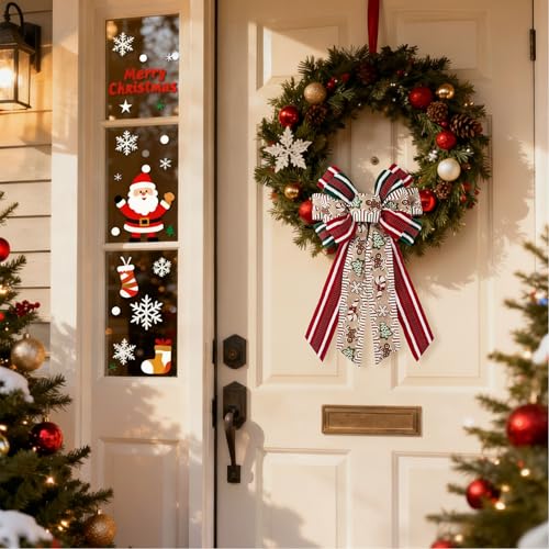 ALIBBON Christmas Tree Snowflake Stripe Bow for Wreaths & Decorations - Holiday Front Door & Tree Topper (Large 20.8x11.4 in) - Christmas Snowflake & Plaid Ribbon