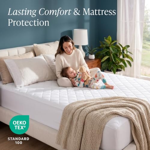 Bare Home Queen Quilted Mattress Pad - White, Deep Pocket Fitted, 15" Depth