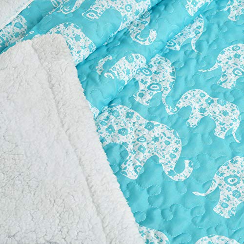 Lush Decor Elephant Parade Sherpa Throw Blanket 50" W x 60" L, Aqua - Elephant Blanket for Kids - Plush Throw Blankets for Bed - Blue Couch Blankets