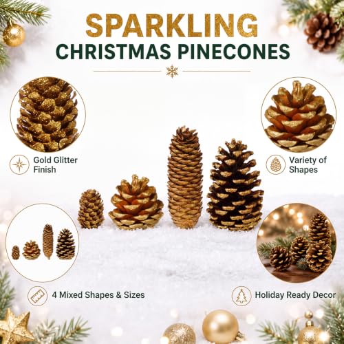 Janinka 24-Pack Gold Glitter Pine Cones - Multisize Christmas Ornaments