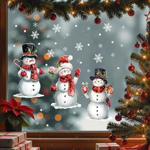 Mfault Christmas Snowman Window Clings, Xmas Snowflakes Snowballs Stickers Decals Decorations, Winter Holiday Gifts Peppermint Candy Cane Home Kitchen Decor