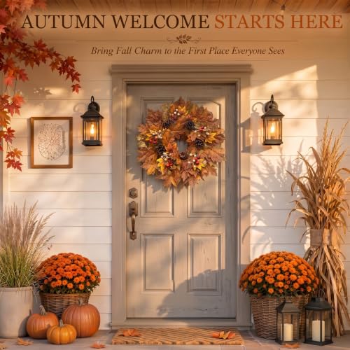Presentastic 26-Inch Fall Wreath with Lights for Front Door & Wall Decor