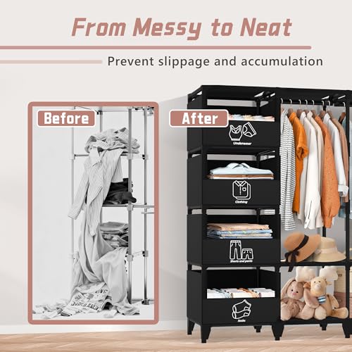 Jofuler Black 50 Inch Portable Closet Wardrobe with 4 Baskets & 2 Hanging Rods