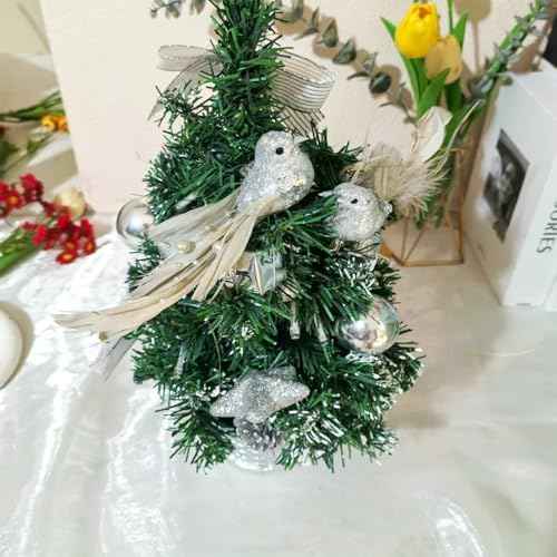6 Pack Decorative Silver Glitter Birds Artificial Feather Foam Clip on Birds Christmas Tree Ornaments with Clips for Wedding Party Garden (Silver Glitter)