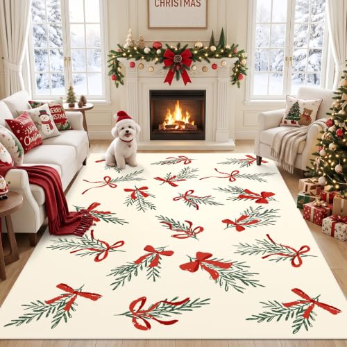 nesrt Christmas Washable Area Rug 5x7ft Beige - Holiday Floor Mat for Living Room & Bedroom