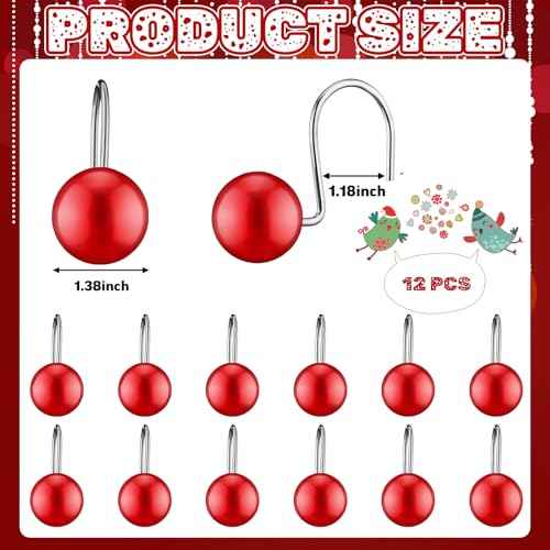 12 Pcs Christmas Ball Shower Curtain Hooks Ball Ornament Shower Christmas Curtain Rings Holiday Hooks Decorative Holiday Bathroom Accessories for Winter Bathroom Decoration(Red)
