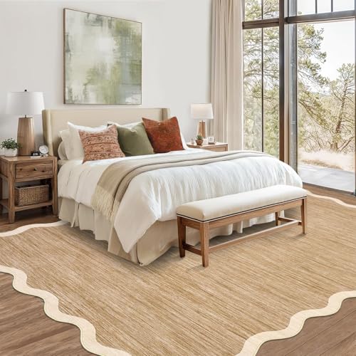 Light Brown 8x10 Scalloped Washable Rug Non Slip for Living Room