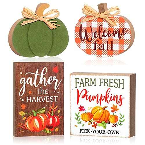 4 Pcs Fall Pumpkin Decor Tabletop Signs Welcome Fall Plaid Pumpkin Wooden Sign Tiered Tray Decorations Thanksgiving Autumn Table Centerpieces Standing Block Shelves for Rustic Farm House Home