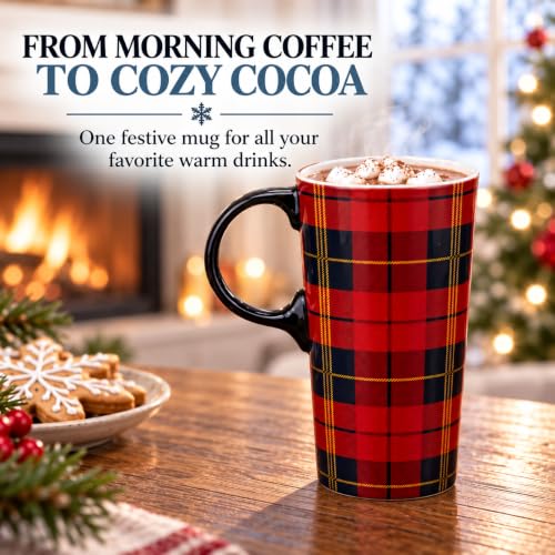Topadorn 17oz Ceramic Travel Mug with Red Tartan Plaid Lid - Gift Box