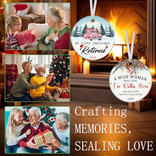 Christmas Retirement Gifts for Women 2025, Double Side Xmas Tree Hanging Decorations Happy Retirement Ornament Ceramic 3" with Gift Box Inspirational Gift for Retired Coworker Teachers Old Friends