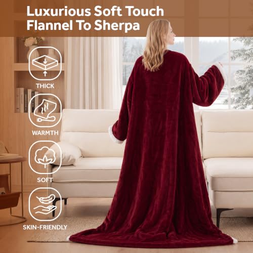 Heated Snuggle Wearable Blanket with Foot Pocket & Sleeves - Red, 70x50" - Christmas Variation