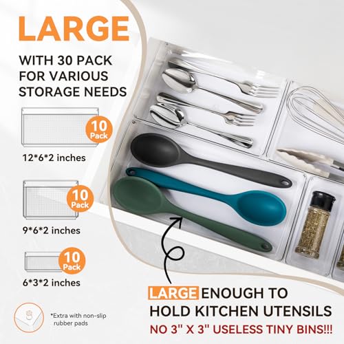 30 Pack Clear Plastic Drawer Organizer Bins - Large Multi-Size Storage Dividers