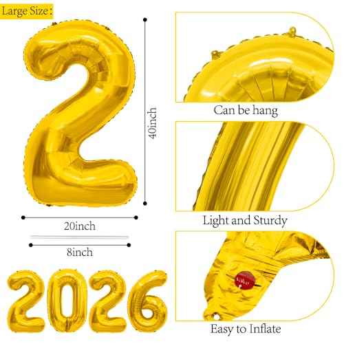 2026 Balloons, 40 Inch 2026 Number Balloons Gold 2026 Balloon Large Foil New Year Balloon Numbers 2026 Mylar Baloons for Birthday Christmas Graduation New Years Eve Party Supplies Decorations