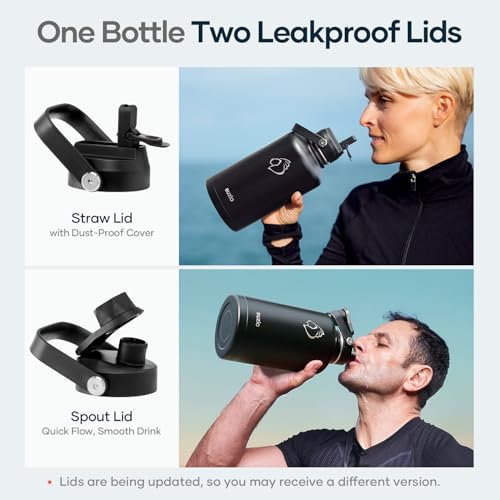 Insulated Stainless Steel Water Bottle 64 oz with Dust-Proof Lids - Black