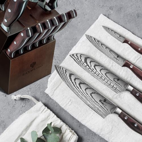 SANMEIHO Japanese Steel Knife Set with Block - 16 pcs Ultra Sharp Kitchen Knives